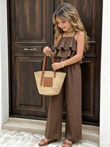 SHEIN Sparklyn Tween Girls Vacation Set,Layered Ruffle Camisole+Floral Print Wide Leg Pants,Shadesofbrown,Elegant,80s,Summer,Beach,Vacation,Suitable For Daily Outing - Coffee Brown - View 1