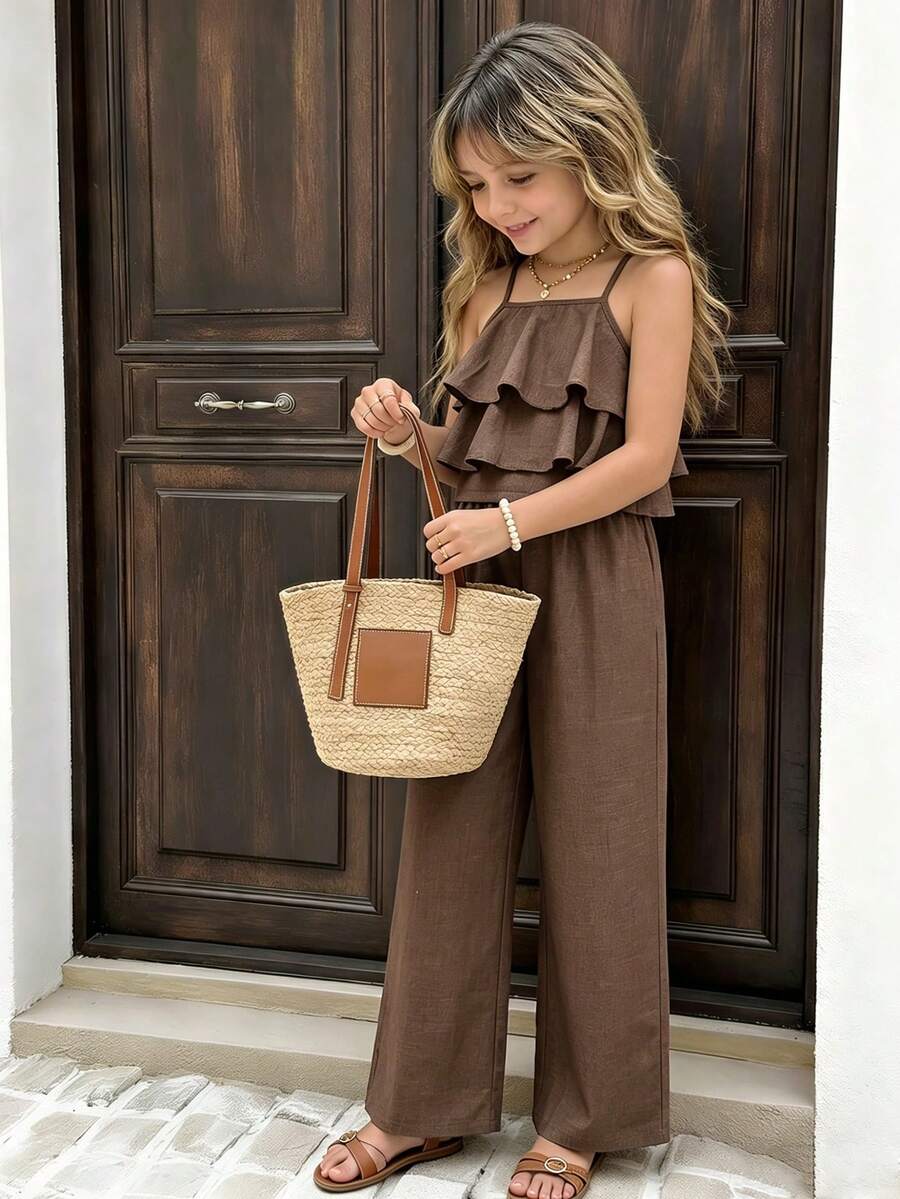 SHEIN Sparklyn Tween Girls Vacation Set,Layered Ruffle Camisole+Floral Print Wide Leg Pants,Shadesofbrown,Elegant,80s,Summer,Beach,Vacation,Suitable For Daily Outing - Coffee Brown - View 1