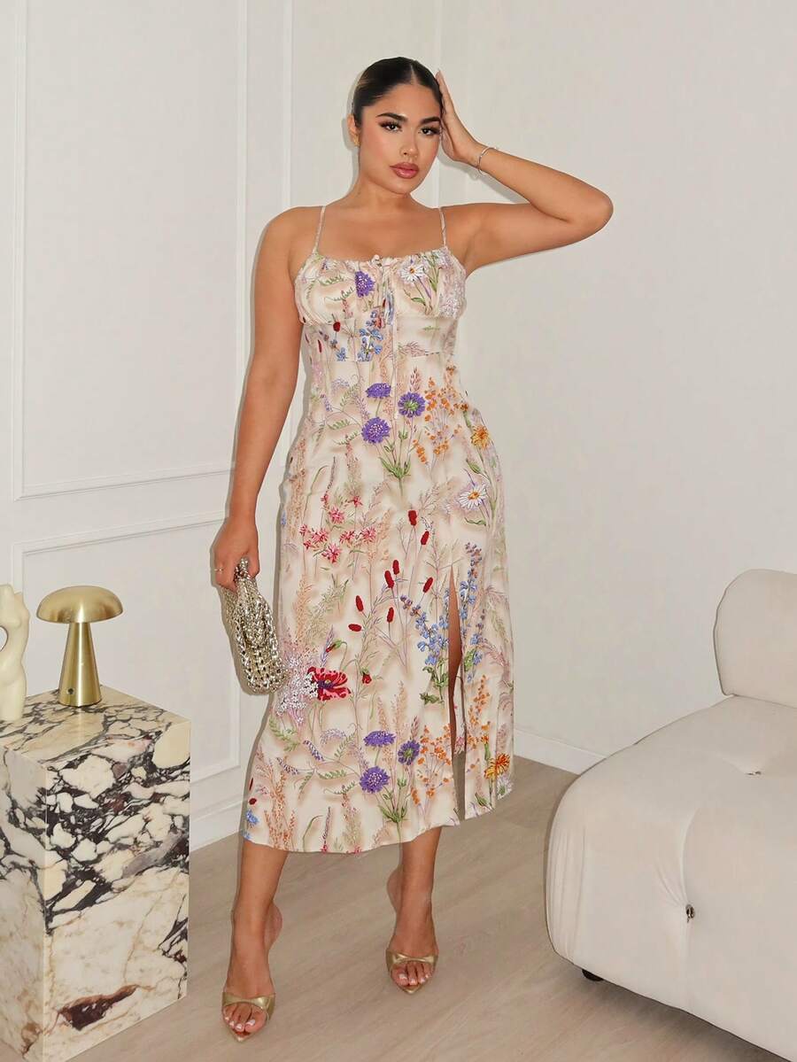 Maria Perezxox 女款度假休閒全滿花卉印花開衩細肩帶中長洋裝 夏季女裝 海灘度假 度假村 優雅派對 - 彩色 - 查看 1