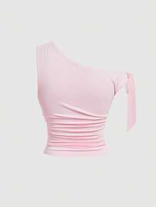 SHEIN MOD 大尺碼女款夏季休閒純色不對稱領口綁帶上衣 - 粉色 - 查看 3
