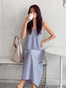 SHEIN LUNE Women Blue And White Stripe Loose Casual Coastal Minimalist Spaghetti Strap Mid-Length Dress Brunch Vacation Summer Cotton Material Beach - Blue and White - View 5