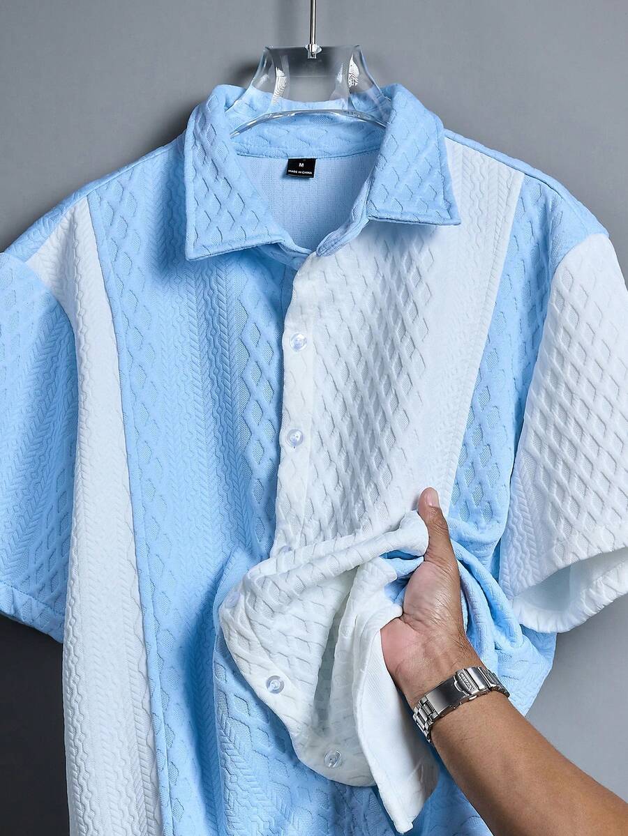 Manfinity Homme 大尺碼男士對比色短袖單排扣休閒襯衫 - 彩色 - 查看 1
