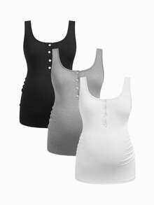Modmama 3pcs/Set Maternity Solid Color Pleated Nursing Function Casual Simple Normal Lounge Versatile Daily Outing Tops Dates Post Partum White Summer - Multicolor - View 7
