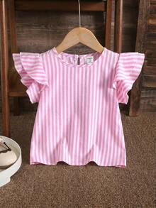 SHEIN LMoss Kids 少女編織素色圓領荷葉邊修身休閒襯衫 - 粉色 - 查看 4