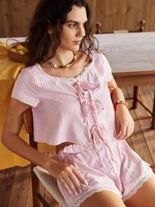 Lullawish Women's Bohemian Comfortable Casual Young Plaid Print Cotton Tie Bow Pajama Set - Pink - View 4
