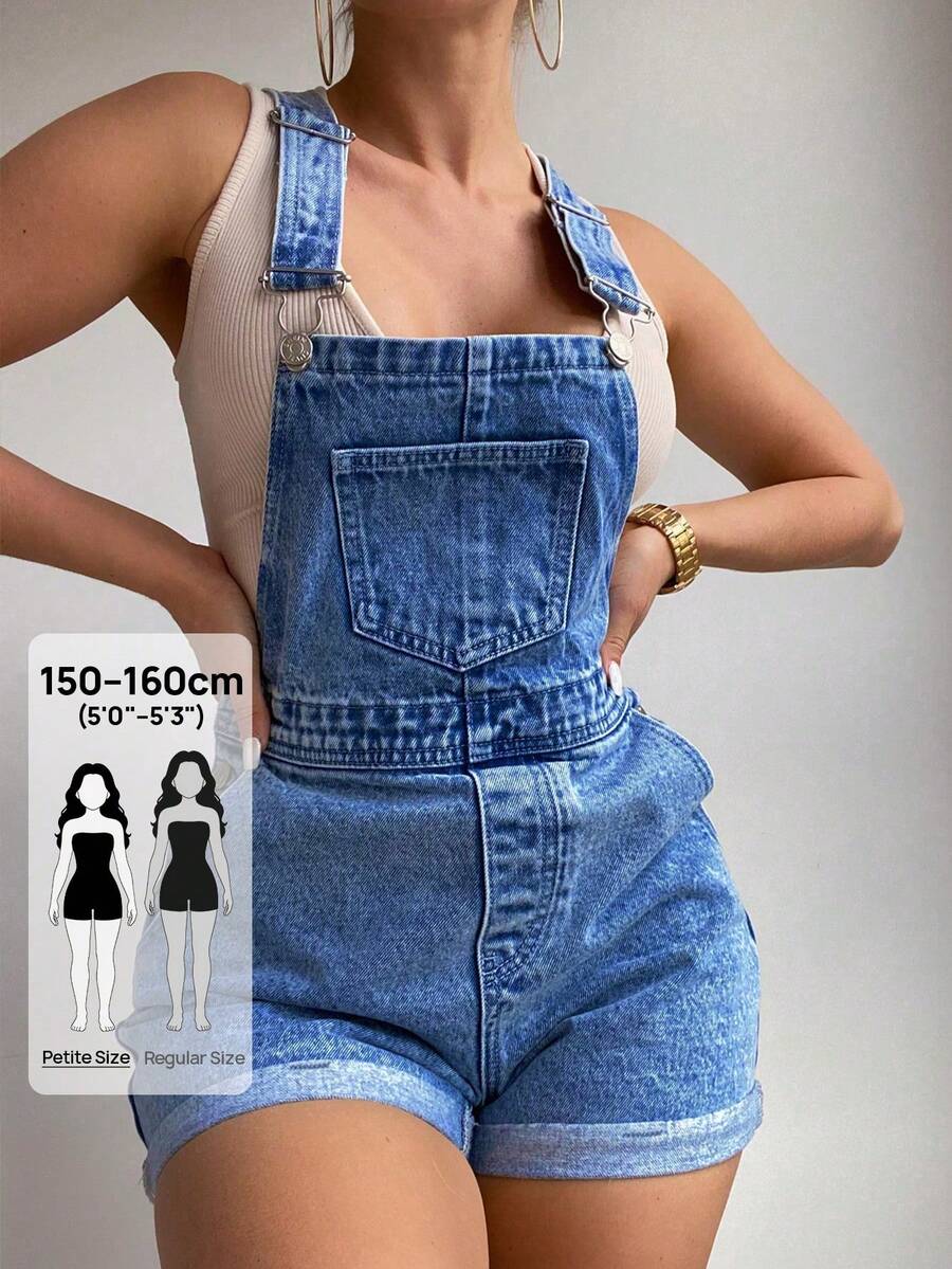 SHEIN PETITE 女士休闲日常可调节肩带牛仔背带裤 - 中等水洗藍 - 查看 1