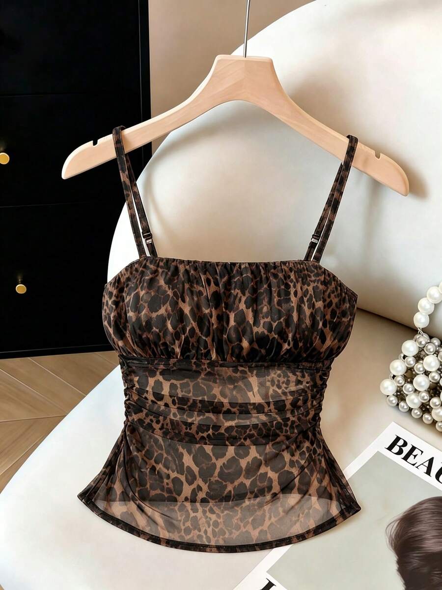 SHEIN Franclia 豹紋女款無袖上衣 時尚優雅女士細肩帶背心 豹紋花卉圖案上衣 適合派對、夜店、約會、夏季穿著 - 彩色 - 查看 1