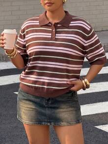 Muchica Plus Size Colorblock Striped Short Sleeve Knit Top - Brown - View 6