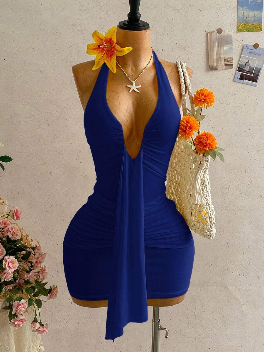 Soleia 女款素色掛脖綁帶性感約會派對迷你洋裝 - 藏蓝色 - 查看 1