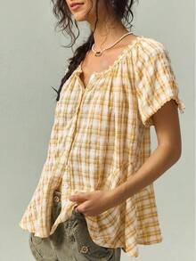 SoleilVie Casual Plaid Short Sleeve Shirt, Summer - Yellow - View 9