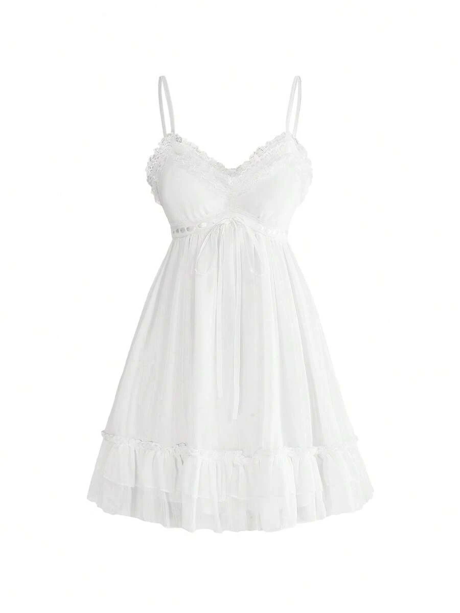ROMWE Vintage Spaghetti Strap Gothic Contrast Lace Trim Cross Pendant Ruffle Hem A-Line Mini Dress - White - View 1