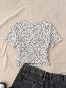 Tween Girls' Minimalist Round Neck Ruched Waist Fitted Short Sleeve T-Shirt, Versatile For Spring/Summer - Multicolor - View 2
