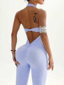 SHEIN Sovereign Charm Seamless Knit Halter Backless Jumpsuit - Mauve Purple - View 3