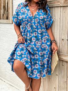 Ceyna Vestido de verano de manga corta con cuello en V profundo y estampado floral para tallas grandes - Azul - Ver 1