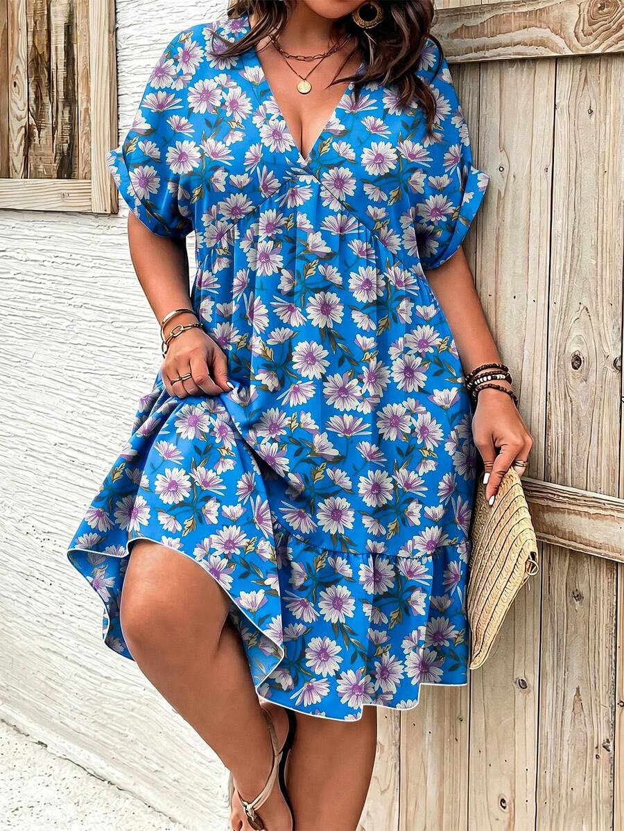 Ceyna Vestido de verano de manga corta con cuello en V profundo y estampado floral para tallas grandes - Azul - Ver 1
