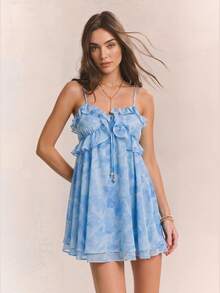 Willow Rêve Blue Floral Print Ruffle Hem Short Mini Dress Slip Dress For Women Vacation Summer Cute Sundress - Mint Blue - View 3