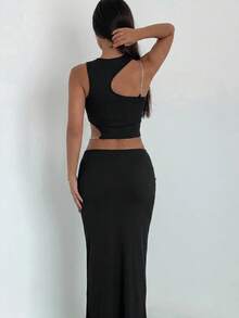 Ronhire Chain Detail Asymmetrical Crop Top Black Summer - Black - View 2