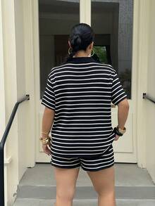 Muchica Plus Size Women's Summer Casual Vacation Daily Commute Color Block Striped Print V-Collar Short Sleeve T-Shirt And Shorts Set - Black - View 3