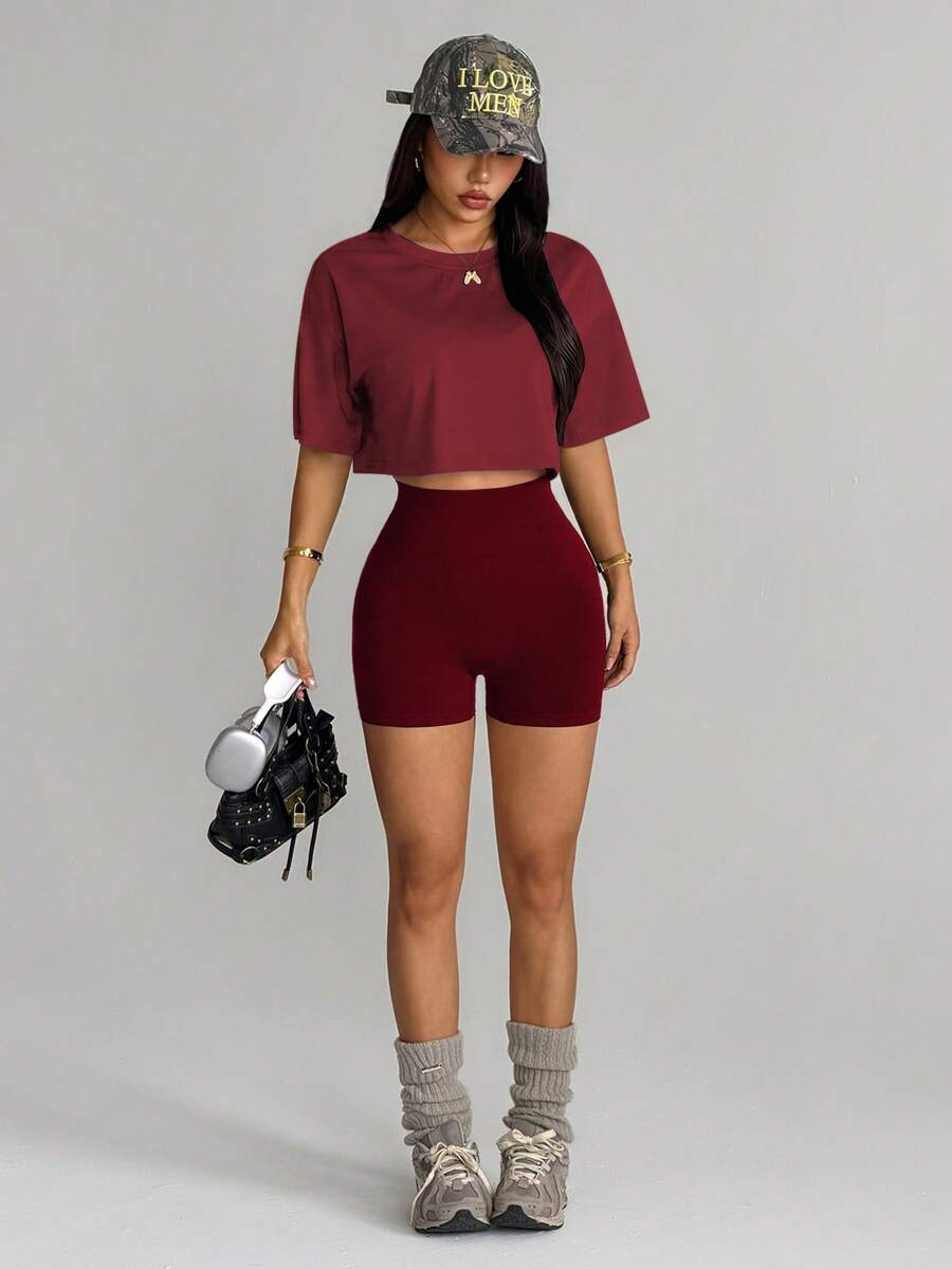 SHEIN Dewbera Seamed Black Short Sleeve Jacket Seamless Black Bra Shorts - Burgundy - View 1