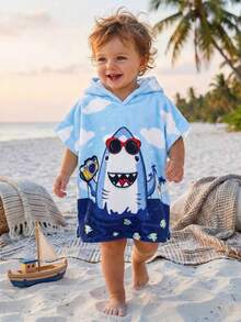 SHEIN Little Byeori Kinder/Jungen Süßer Lässiger Flanell Cartoon Muster Locker Kapuzen Bademantel, Geeignet für Strand, Spa, Schwimmen - Blau - Übersicht 5