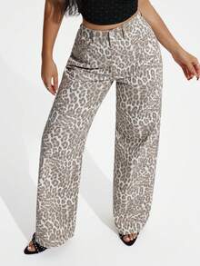 Jeanoix Plus Size Women's Leopard Print Pocketed Wide Leg Loose Casual Jeans Date Night Evening Beige Summer - Multicolor - View 4