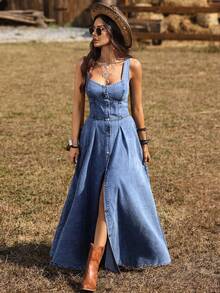 SHEIN Tall Đầm denim nữ không tay cài cúc phía trước, kiểu dáng thường ngày. - Màu xanh lam - Xem 5