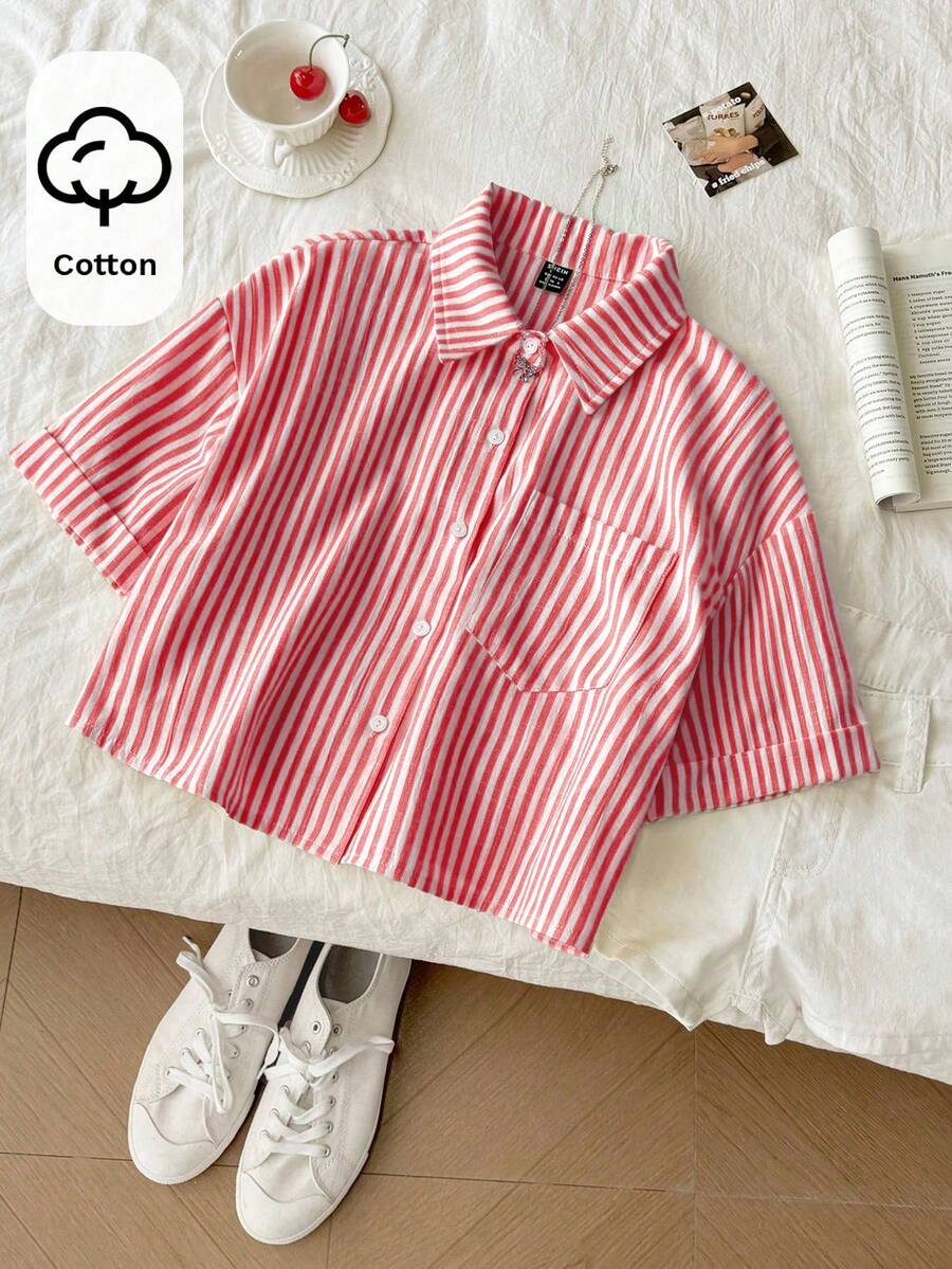 SHEIN Unity 條紋短版寬鬆休閒女款大尺寸袖口襯衫,亞麻質感女裝襯衫 - 彩色 - 查看 1