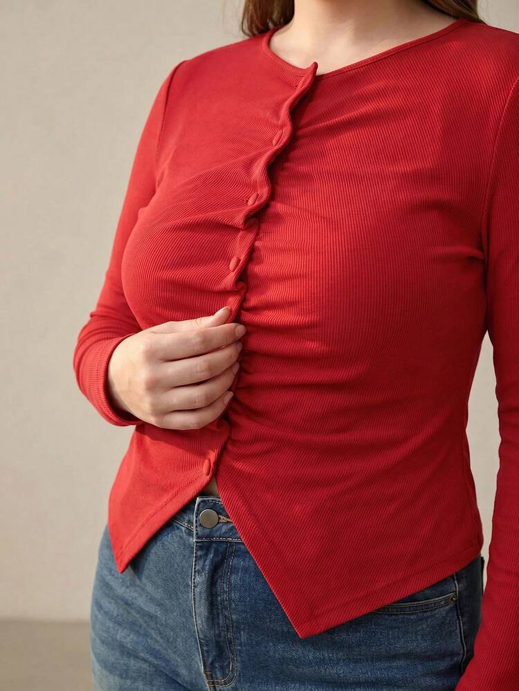 PLUS SIZE WOMEN'S RUCHED ROUND NECK KNIT T-SHIRT, SPRING/SUMMER