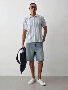 MENRIVO Striped Print Front Button Casual Short Sleeve Shirt, Versatile For Summer, Holiday - Multicolor - View 2