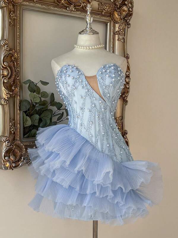 Lovelzi Elegant And Luxurious Fashion Pale Blue Sequin Embroidered Mesh Pleated Sequins Formal Strapless Asymmetric Neck Bodycon Mini Party Dress