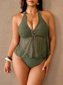 Auralis Plus Size Women Beach Vacation Halter Tankini Set Bathing Suits For Women - Green - View 1