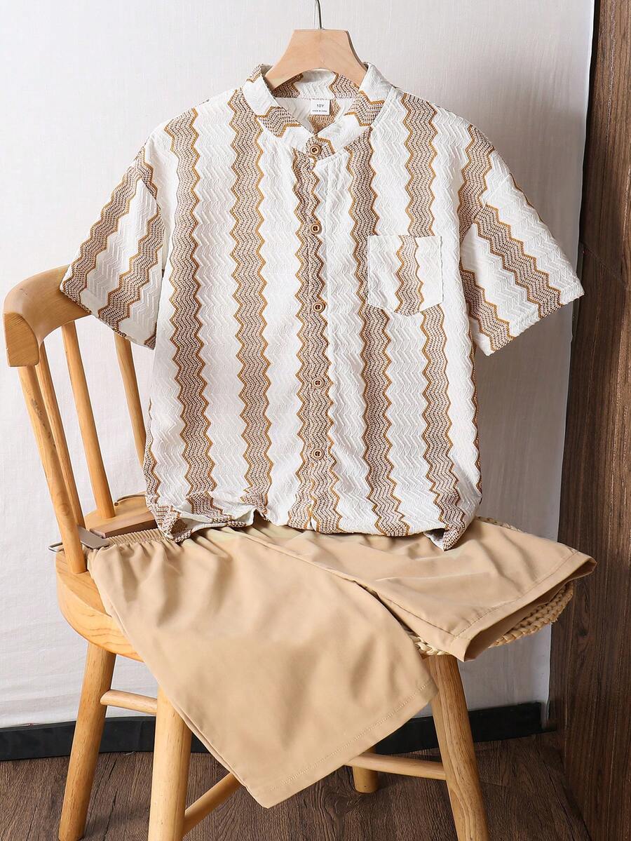 SHEIN 大童通勤休閒質感條紋領襯衫 & 素色短褲 2 件套裝,優雅穿搭適合外出、度假、拍照、上學,2026 春夏新款時尚 - 卡其色 - 查看 1