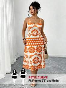 SHEIN PETITE CURVE 女士大码休闲修身度假印花连衣裙 - 橘色 - 查看 3