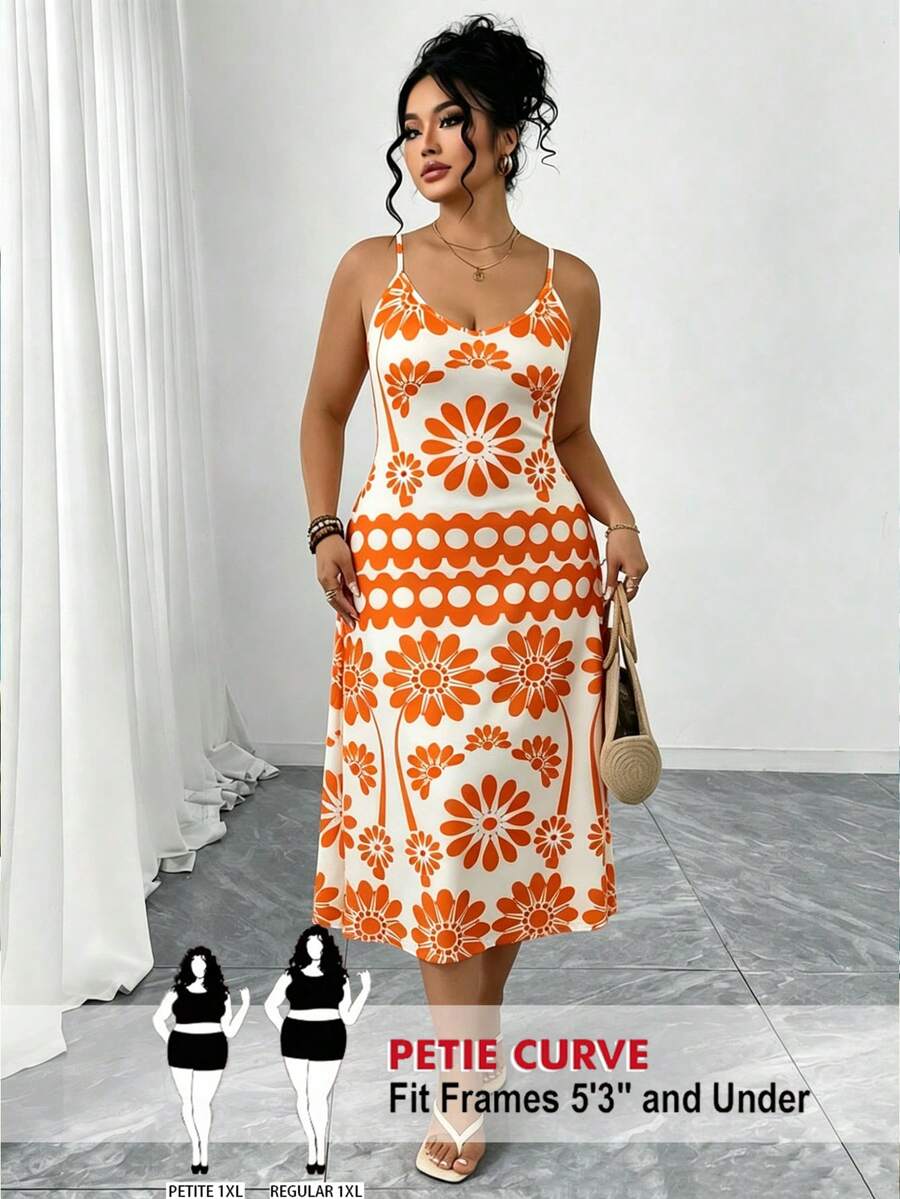 SHEIN PETITE CURVE 女士大码休闲修身度假印花连衣裙 - 橘色 - 查看 1