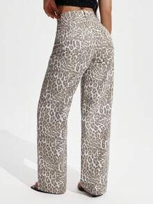 Jeanoix Plus Size Women's Leopard Print Pocketed Wide Leg Loose Casual Jeans Date Night Evening Beige Summer - Multicolor - View 5