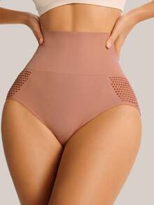 SHEIN 女款素色高腰鏤空透氣塑形三角內褲 - 粉色 - 查看 4