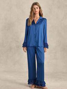 EverLounge Flounce Sleeve Top & Pants Satin PJ Set / Pajama Set, Fall Winter Clothes - Blue - View 5