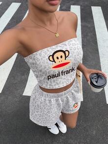 Muchica Paul Frank X SHEIN 女款休閒豹紋卡通印花短版抹胸上衣與短褲2件組，適合夏季 - 彩色 - 查看 4