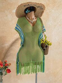 Soleia Colorblock Hollow V-Neck Fringe Loose Pullover Sweater For Women, Spring/Summer - Green - View 3