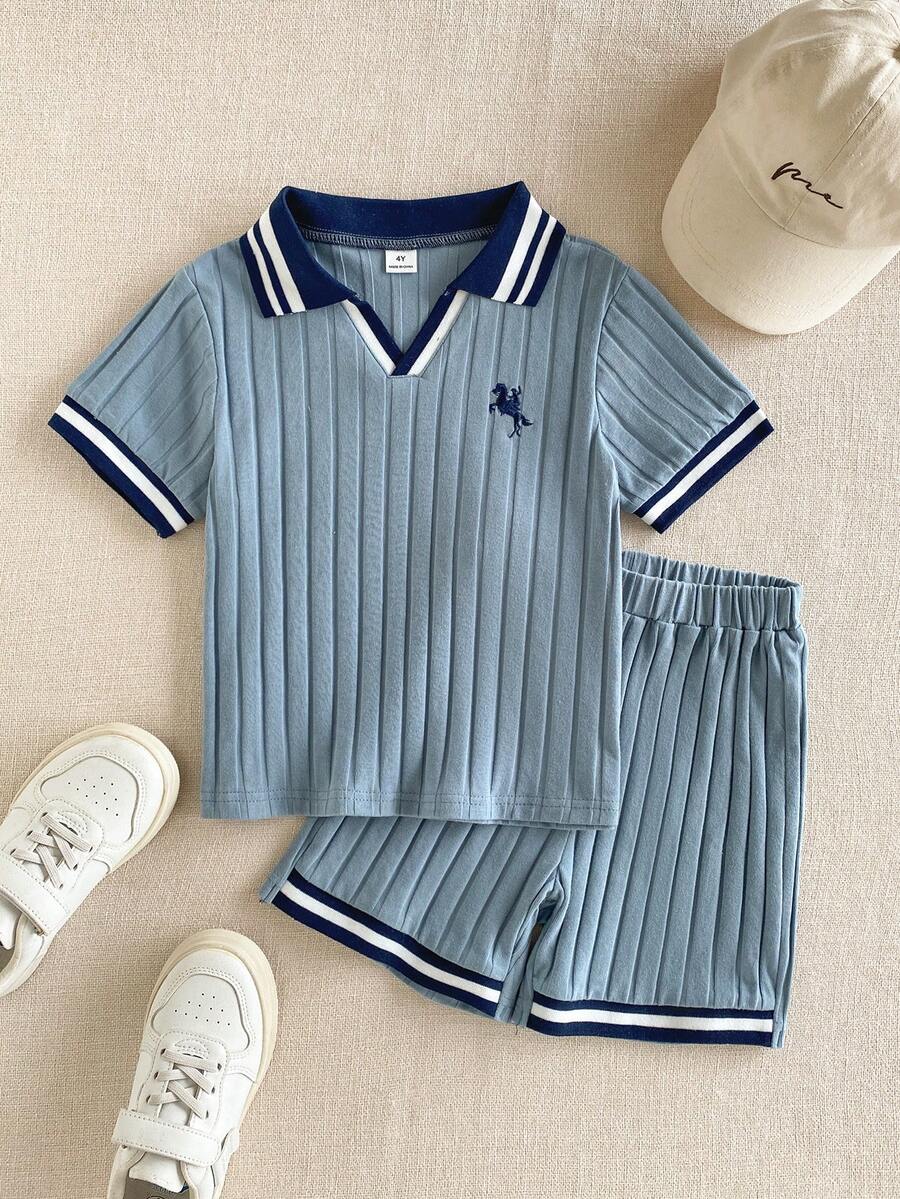 2 peças Conjunto de Polo e Calções Desportivos Casuais para Crianças/Rapazes, Malha Solta Azul Marinho, Adequado para Uso Diário, Volta às Aulas, Passeios, Desportos, Primavera e Verão - Azul - Ver 1