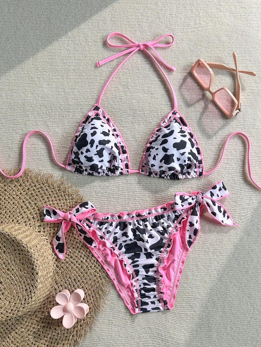 Soleia Women's Retro Colorful Leopard, Zebra, Floral Print Ruffled Tie-Front Tassel Decorated Bikini Set, Suitable For Beach Vacation - Multicolor - View 1