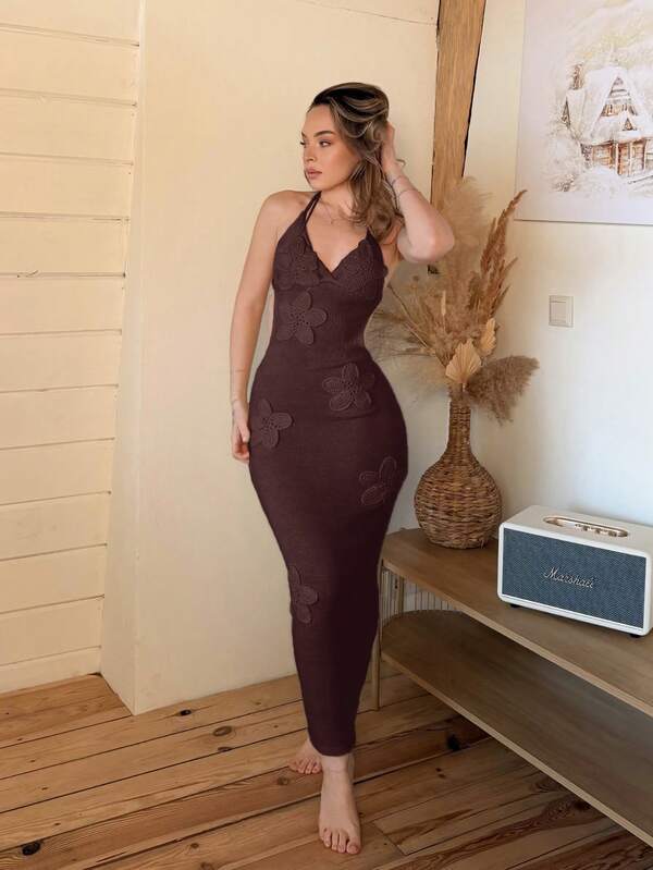 Katetique Vestido ajustado de ganchillo hecho a mano con flores 3D para mujer, cita romántica & vacaciones en la playa, primavera/verano, vestidos elegantes para fiesta de mujer