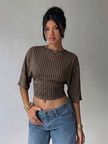 Aloruh Women's Brown Striped Print Round Neck Batwing Sleeve Ruched Design Cropped Fashionable Top - Brown - View 6