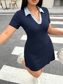 Muchica Women's Plus Size V-Neck Blue Colorblock Waist-Defining Dress - Blue - View 1