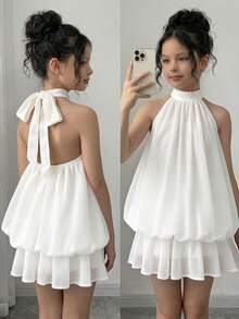 SHEIN Váy yếm hoa hồng cho bé gái tuổi teen, phong cách công chúa, đa năng cho các dịp trang trọng, đi nghỉ, đi chơi thường ngày, phù hợp cho mọi dịp, bộ đồ chị em/gia đình, trang phục bé gái dễ thương - Hồng - Xem 7