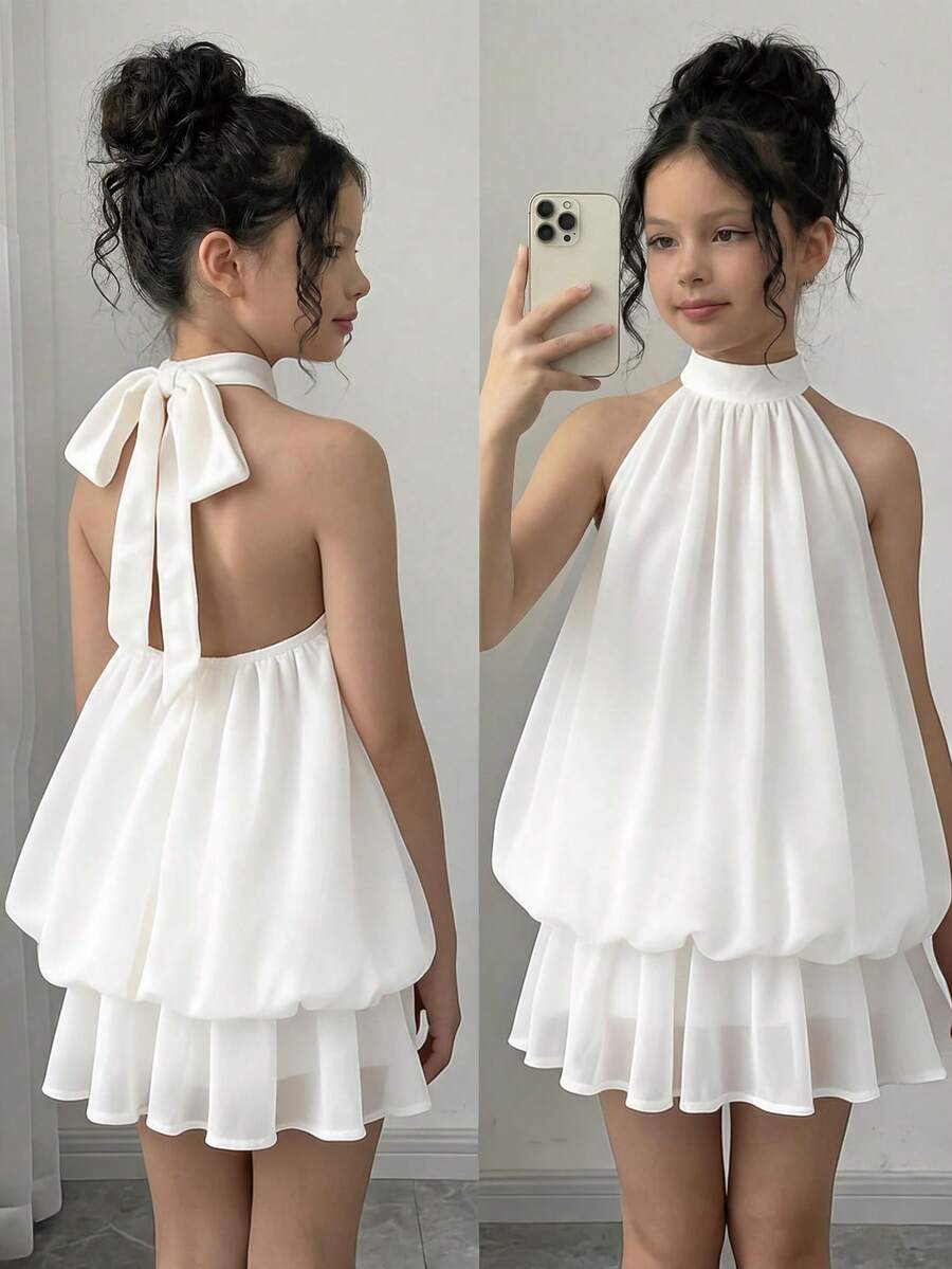 SHEIN 青少年女孩粉色花卉印花掛脖洋裝,公主風,適合正式場合、度假、休閒出遊,百搭適用於任何場合,可搭配姐妹/家庭套裝,可愛女孩穿搭 - 粉色 - 查看 1