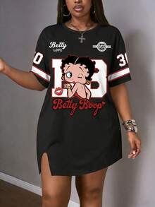 Slaydiva Betty Boop x SHEIN Plus Size Women Letter Print Round Neck Short Sleeve Casual Dress - Multicolor - View 5