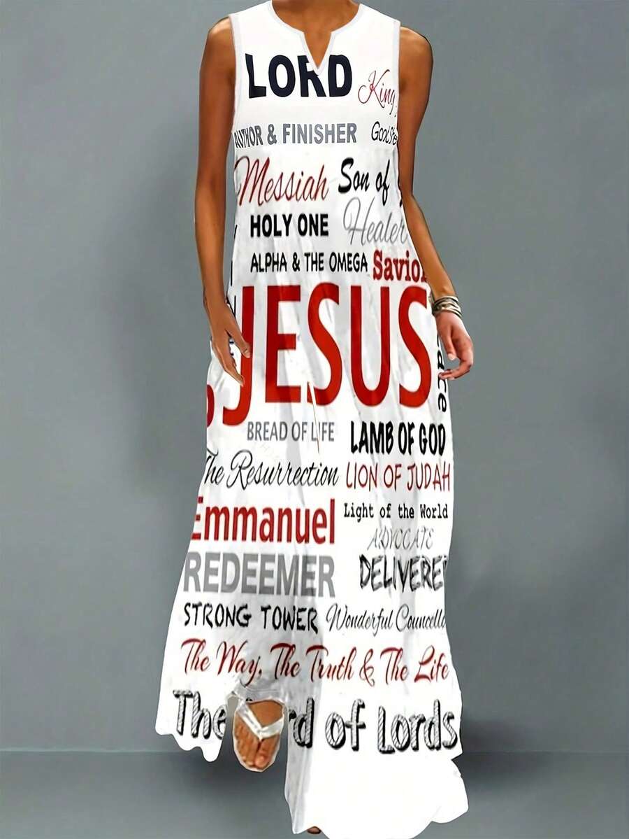 LUMIGAL Women's Sleeveless Fashionable Summer Dress With Notched V-Neck And Printed Design Maxi Women Outfit - White - View 1