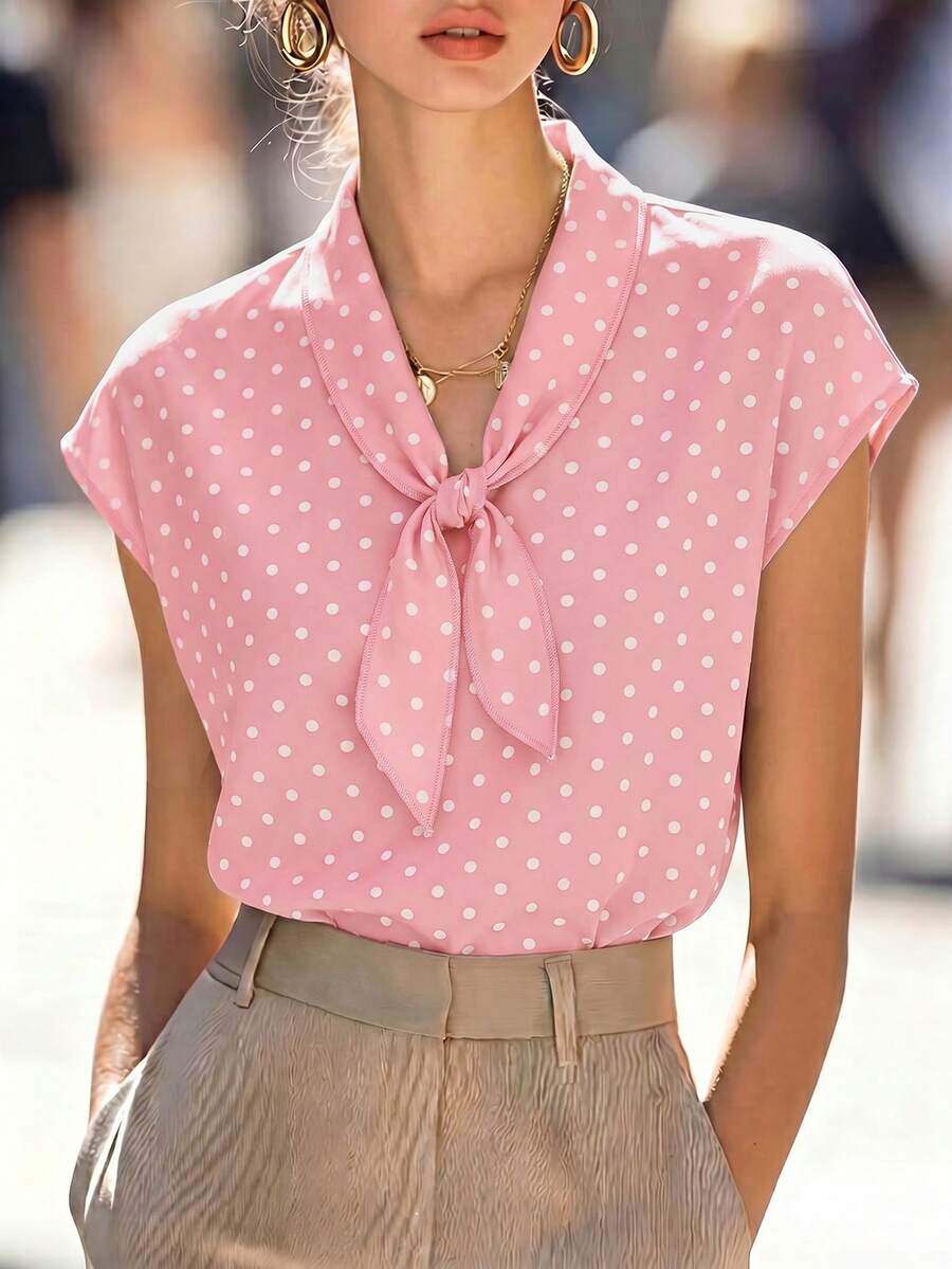SHEIN 法式波點女款襯衫,蝴蝶結領設計,春夏季 - 粉色 - 查看 1