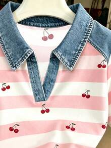 Resyla Top casual de verano con bloques de color, rayas y estampado de cerezas - Multicolor - Ver 3